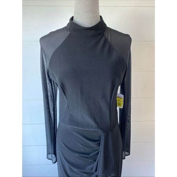 Betsy & Adam Women's Long Sheer Sleeve Mock NeckStretch Scuba Crepe Sheath Gown - Picture 4 of 14